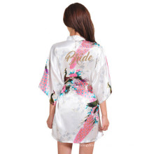 Gold Writing Bride Printed Peacock Bride Robes Sexy Sleepwear Short Silk Satin White Bridal Party Robes